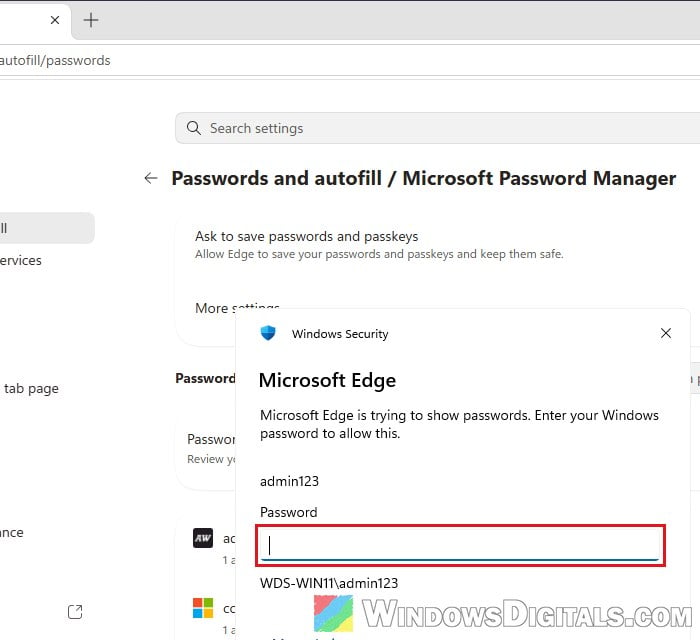 Windows Security asks for password to show Edge passwords