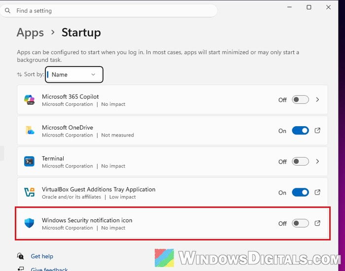 Windows Security notification icon in Startup apps Settings Windows 11