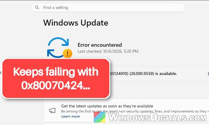 Windows Update Error 0x80070424 on Windows 11 or 10
