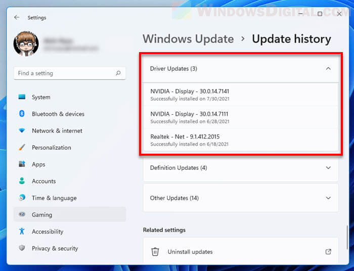 Windows Update driver update history