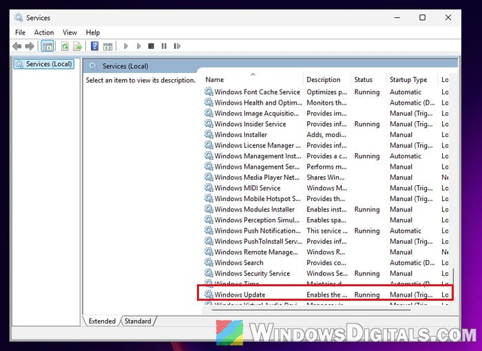 Windows Update service in Services Windows 11