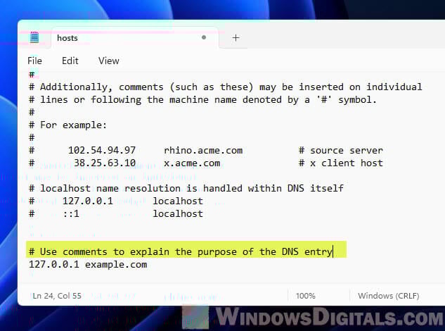 Windows hosts file comments