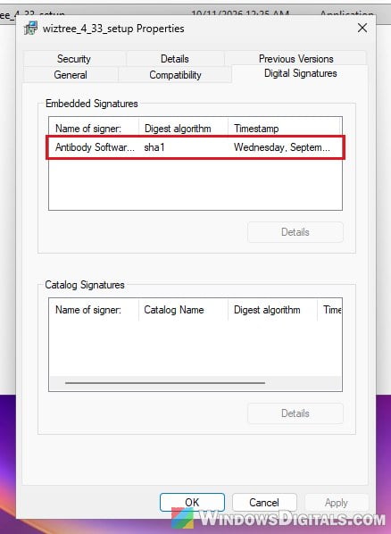 WizTree installer Digital Signatures Antibody Software Limited