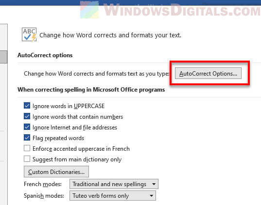 Word AutoCorrect Options