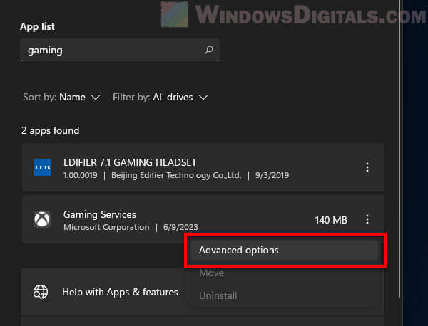 Xbox Gaming Services Advanced Options