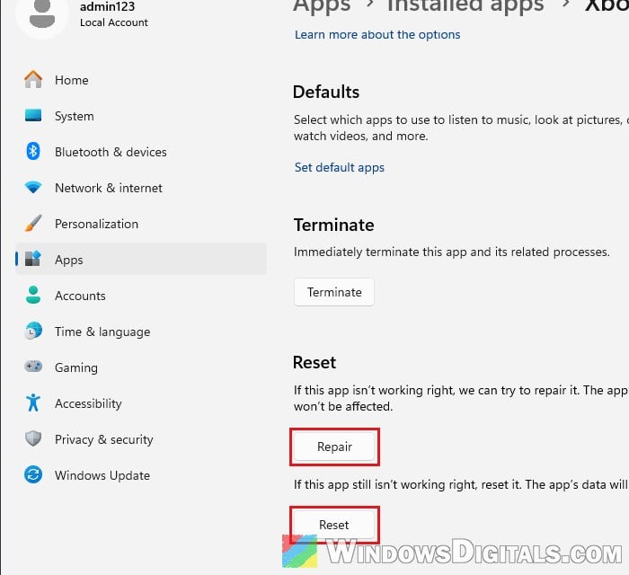 Xbox app Advanced options Repair Reset Windows 11