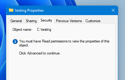 You must have read permissions to view the properties of this object