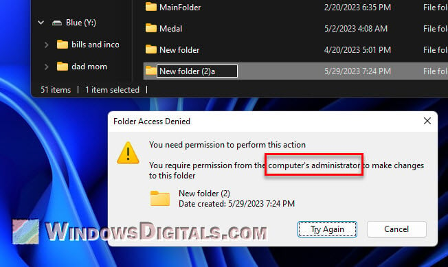 You require permission from administrators to make changes to this folder