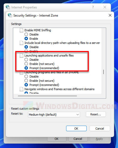 Your Internet security settings prevented one or more files from being opened