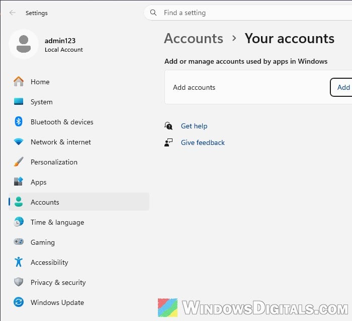 Your accounts settings used by apps Windows 11