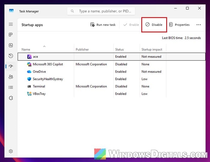 ace in Task Manager Startup apps Windows 11