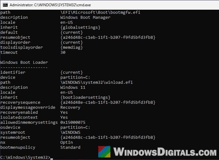 bcdedit boot entries in Command Prompt Windows 11