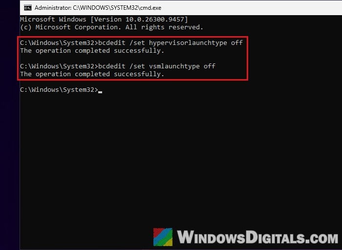 bcdedit hypervisorlaunchtype off vsmlaunchtype off Command Prompt