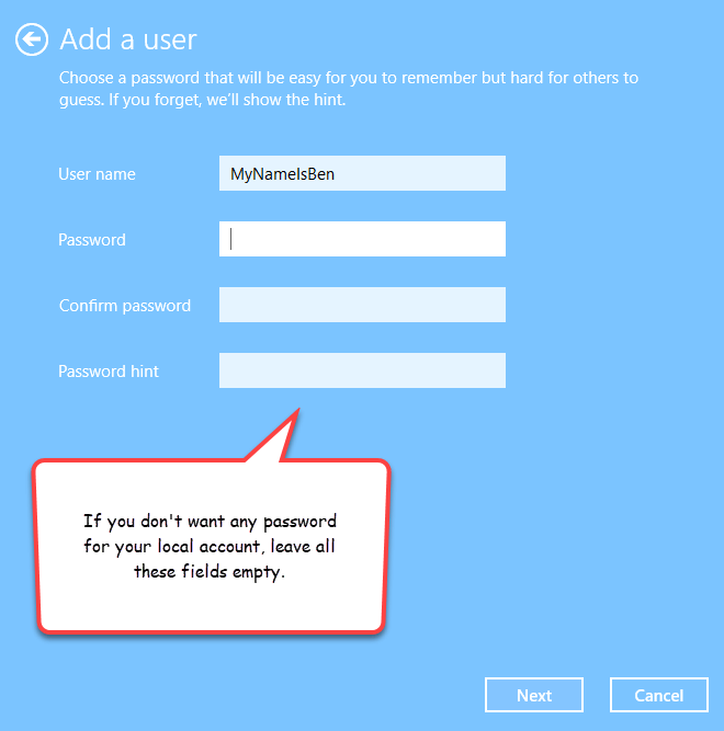 Create local user account without password