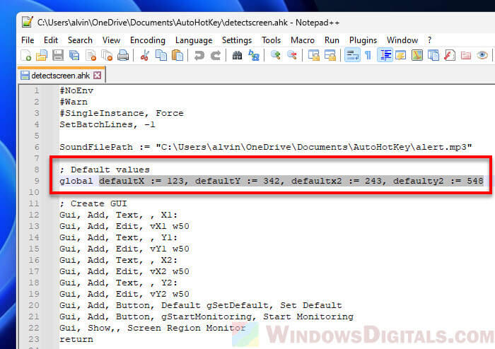 default coordinates for screen changes detection script