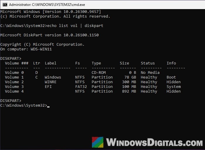 diskpart list vol find drive letters Command Prompt