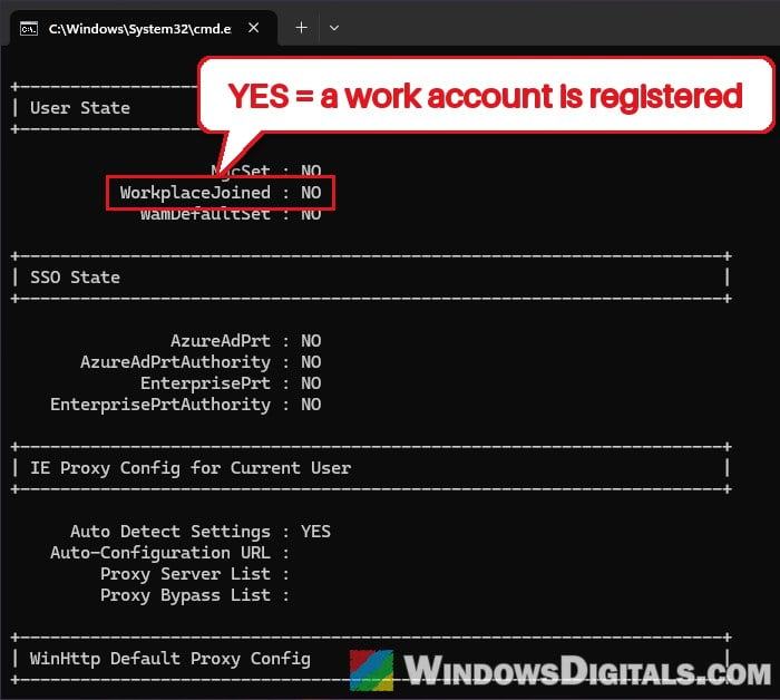 dsregcmd status WorkplaceJoined Windows 11