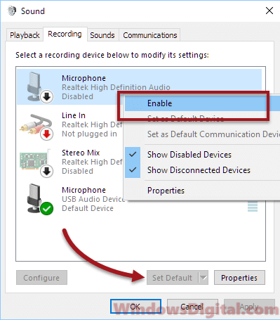 Enable microphone in sound setting