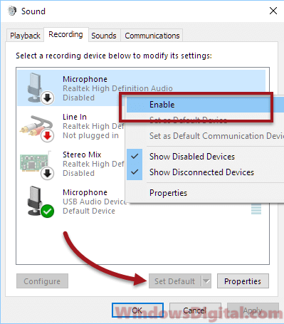 enable microphone in sound setting