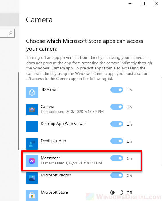 facebook messenger windows 10 camera allow access