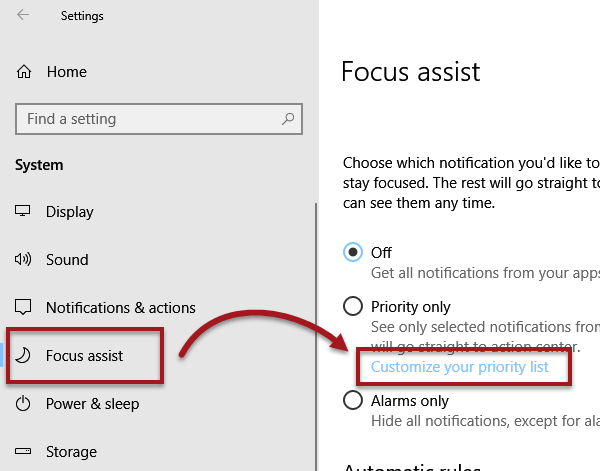 Focus assist priority list