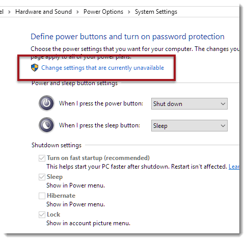 hibernate gray out in power option settings