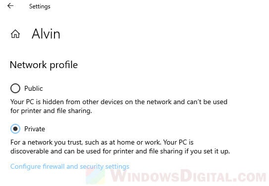 how to change network profile from Public to Private in Windows 10