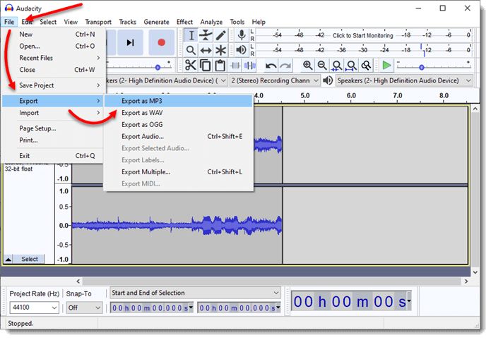 Record audio as MP3 WAV OGG