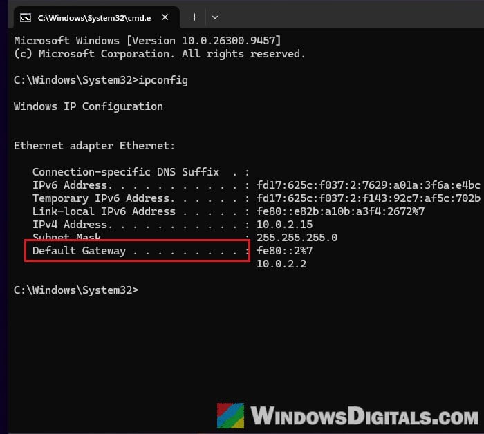 ipconfig Default Gateway router IP Command Prompt Windows 11