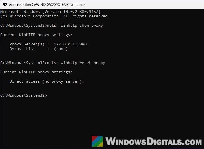 netsh winhttp reset proxy Command Prompt Windows 11