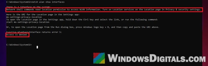 netsh wlan location permission Access is denied Command Prompt Windows 11