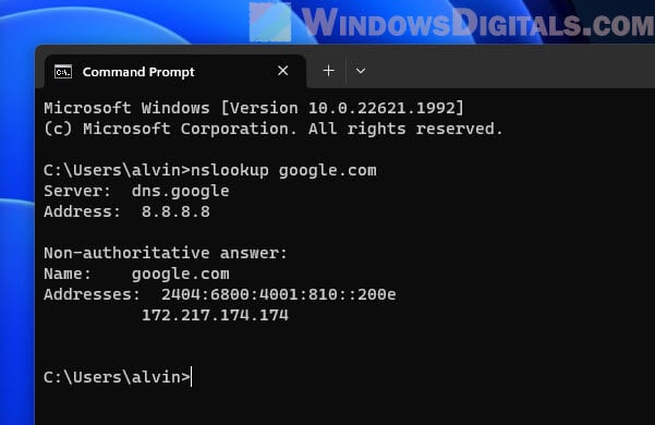 nslookup command in Windows 11