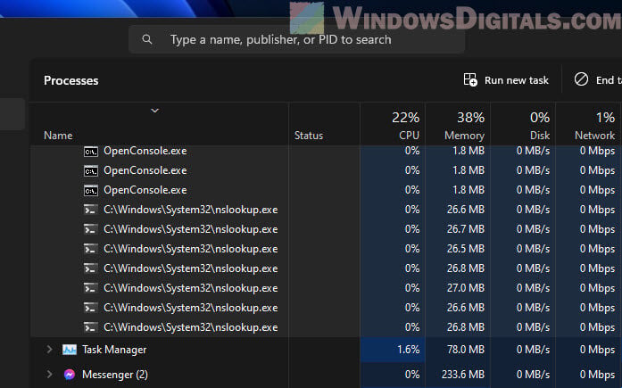 nslookup.exe high CPU and Memory usage