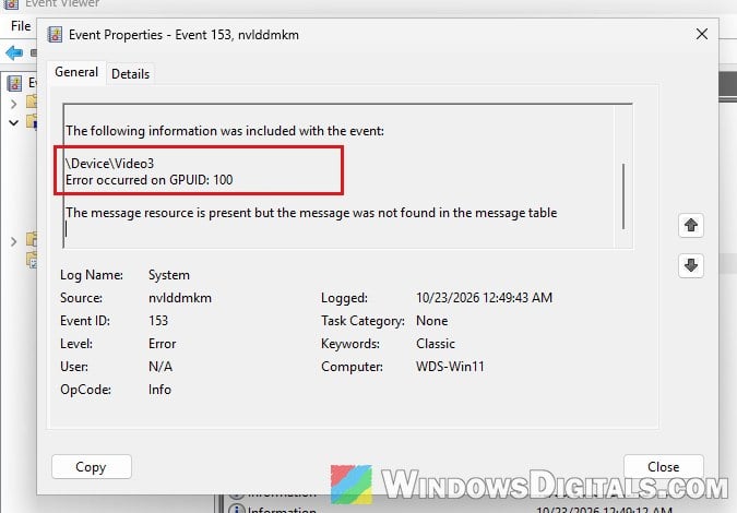 nvlddmkm Event ID 153 error Event Viewer Windows 11