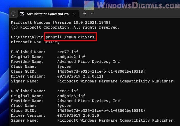 pnputil enum-drivers to list all drivers in Windows