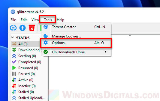 qBittorrent Tools and Options