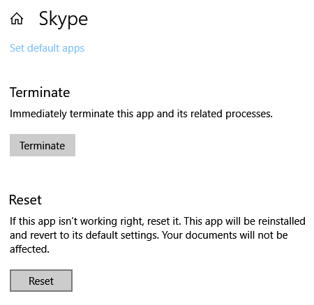 Reset Skype app not working