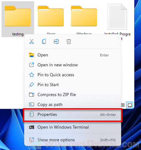 klik kanan pada properti folder Windows 11
