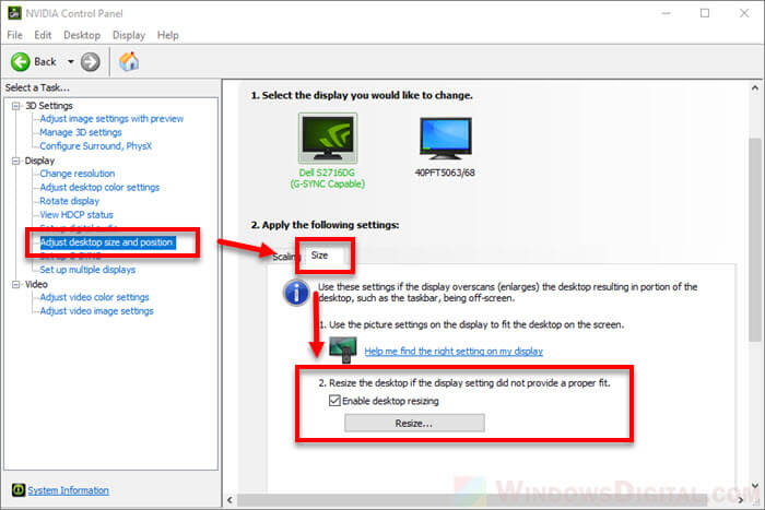 screen smaller larger than monitor nvidia resize