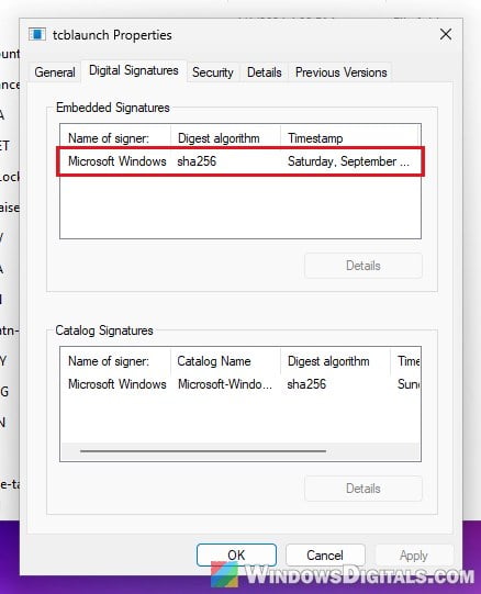tcblaunch.exe Microsoft digital signature