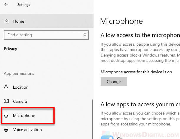 Mic privacy settings Windows 10