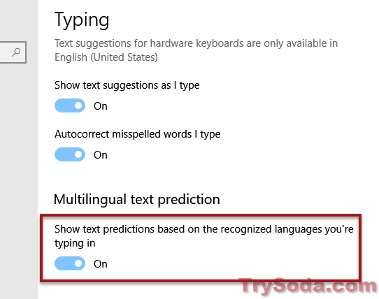 turn on off multilingual text prediction Windows 10