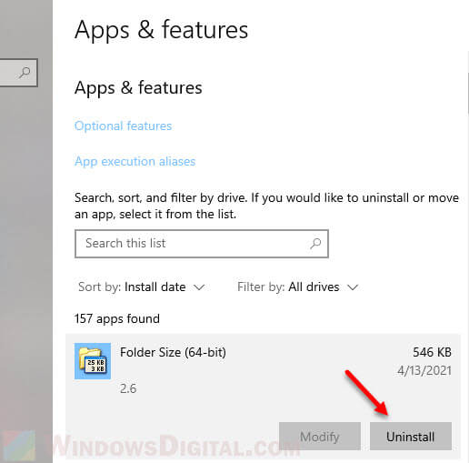 uninstall folder size Windows 10