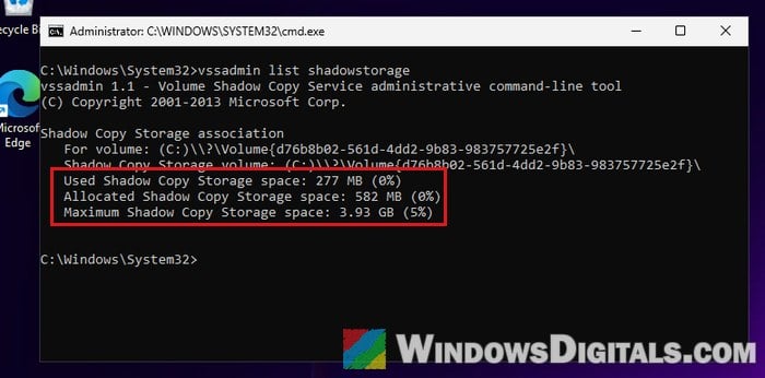 vssadmin list shadowstorage Windows 11