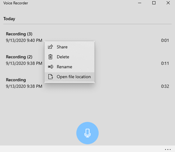 where does voice recorder windows 10 save file location