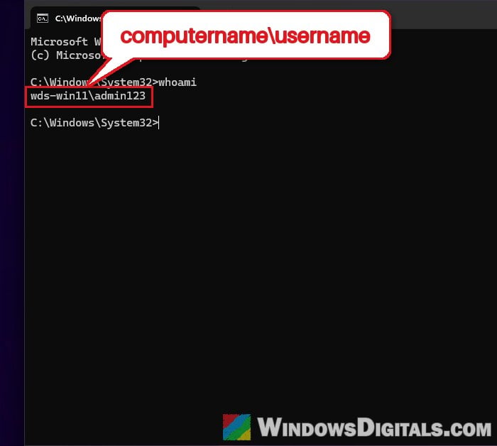 whoami command shows computer name and username Windows 11