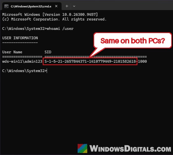 whoami user command shows SID Windows 11