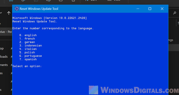 wureset language selection screen